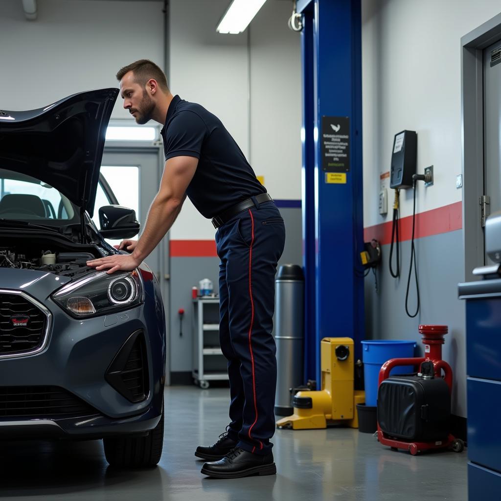 Mechanic inspecting a car in a Palmetto Bay auto repair shop