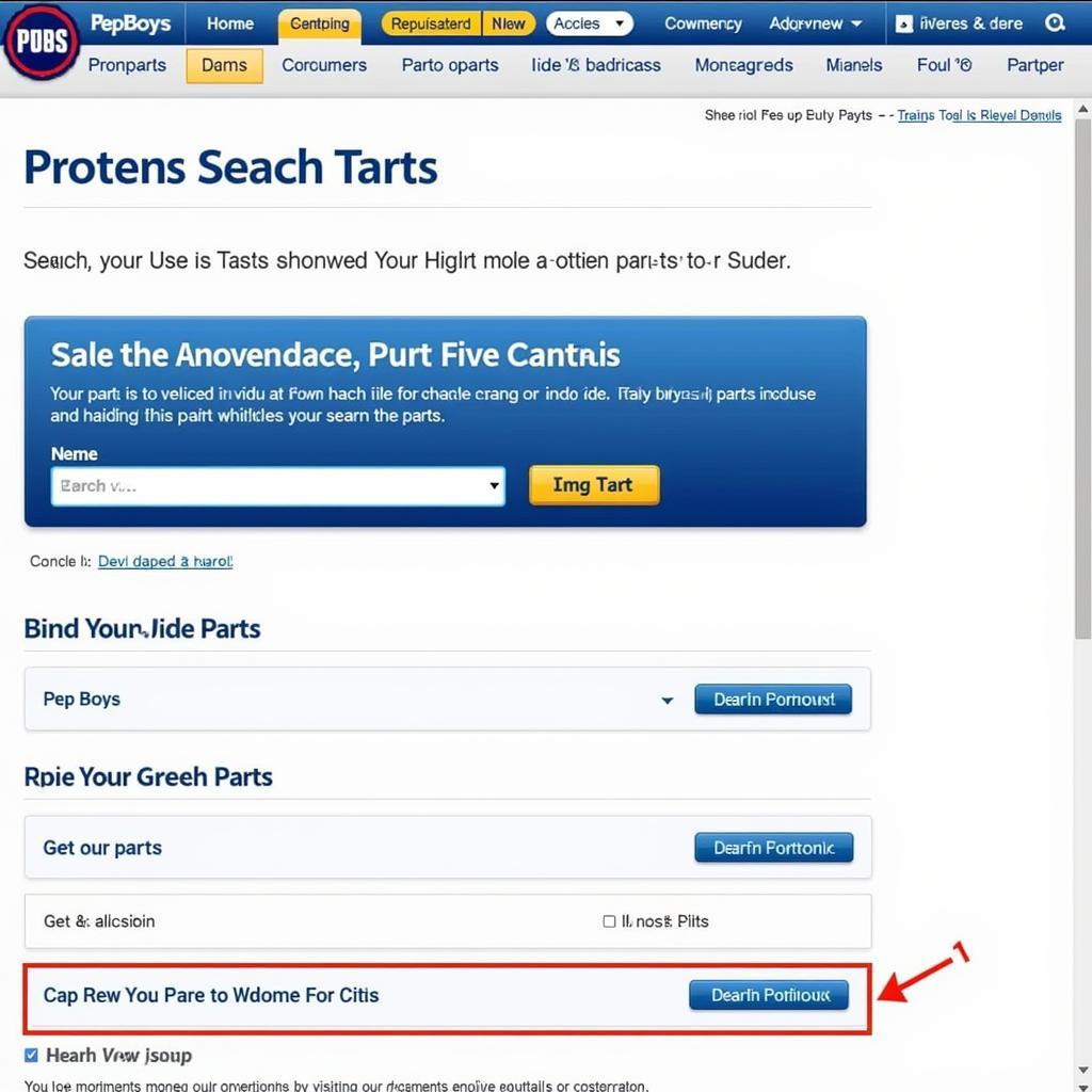 Pep Boys Online Parts Search - Screenshot of the Pep Boys website's online parts search tool.