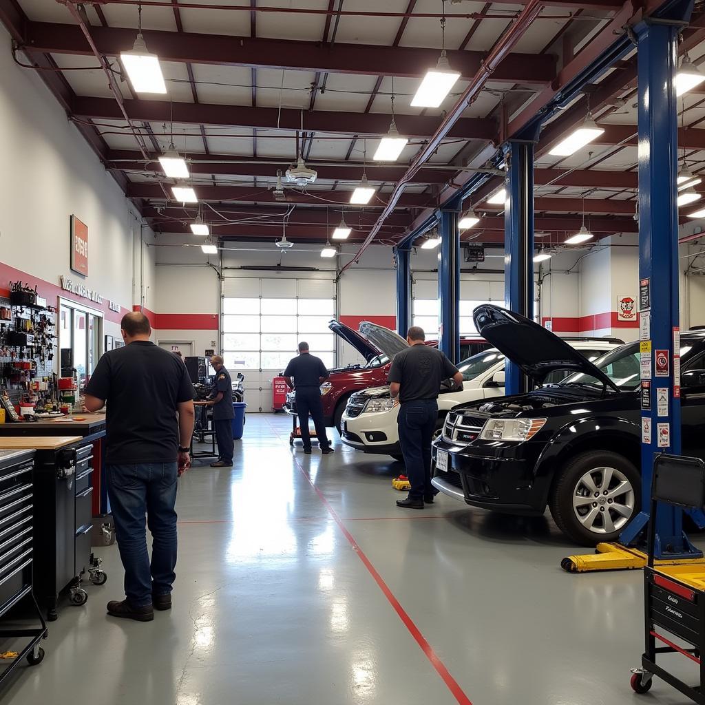 Pep Boys Service Bay - Mechanics working on a car inside a Pep Boys service bay