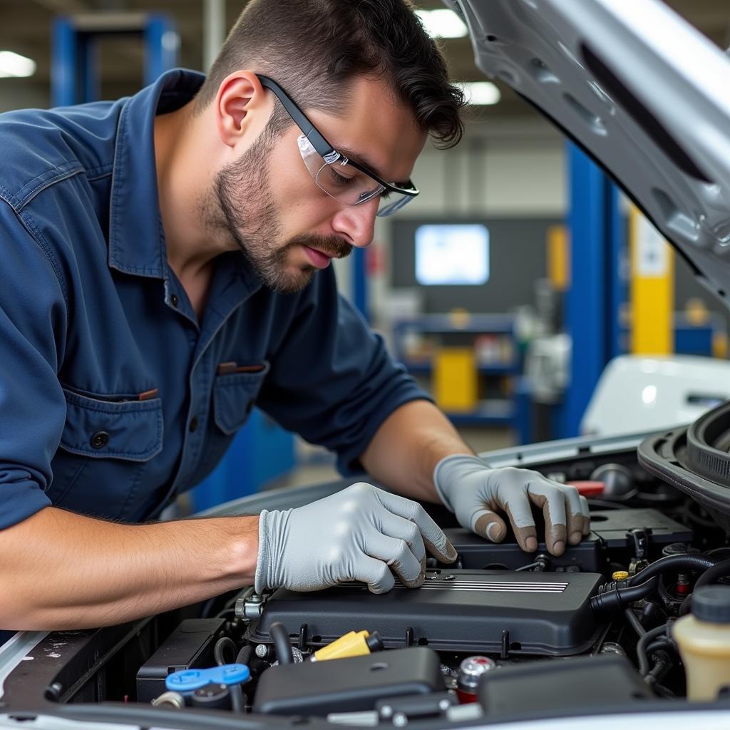 Mechanic performing car engine repair with safety precautions