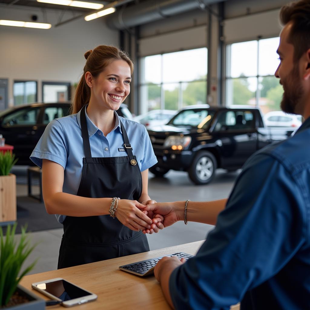 Friendly customer service representative assisting a client