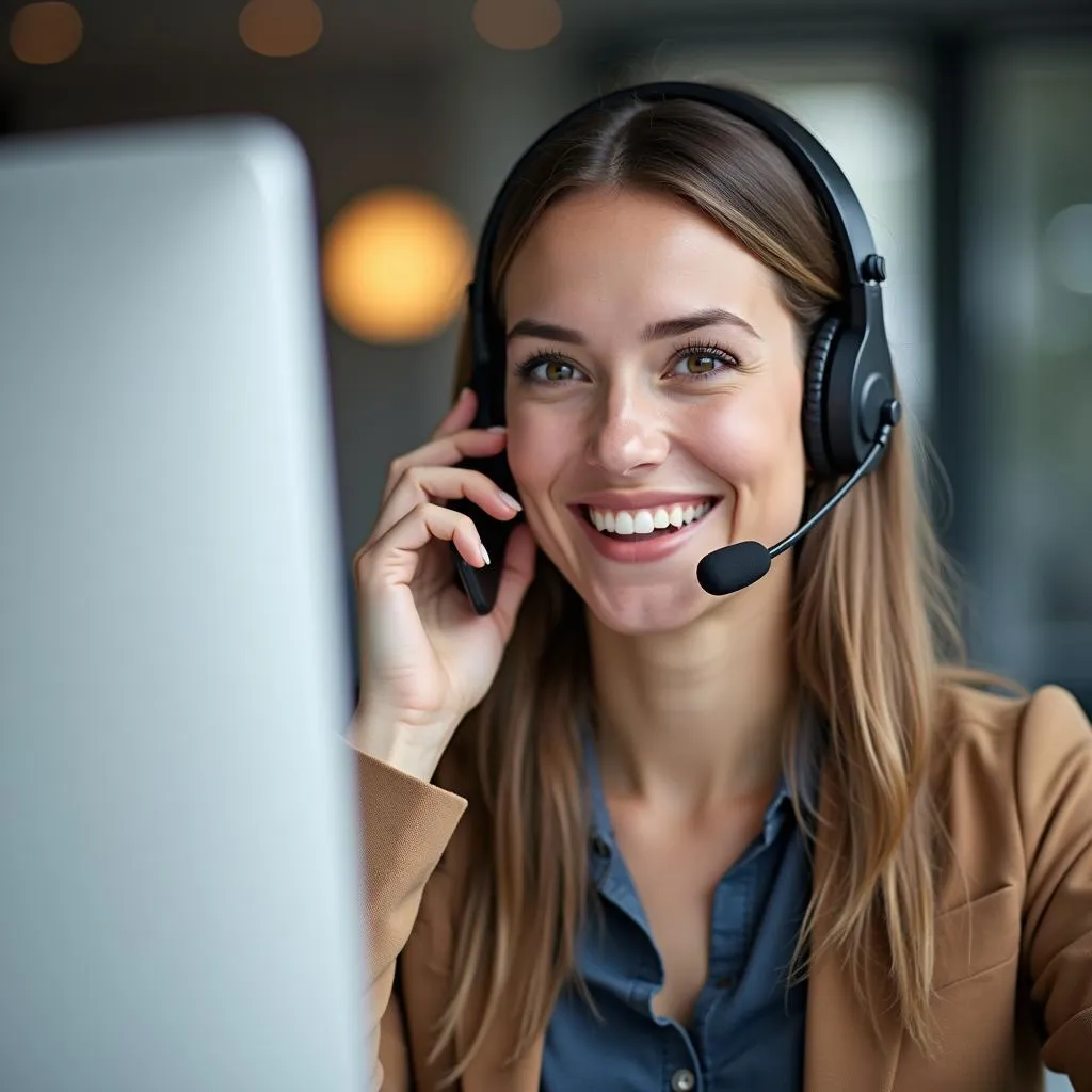 Customer service representative wearing a headset talking on the phone.