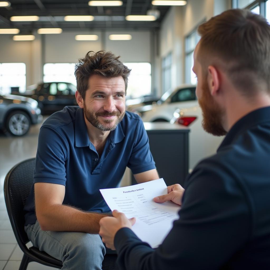 Customer discussing car repair with advisor