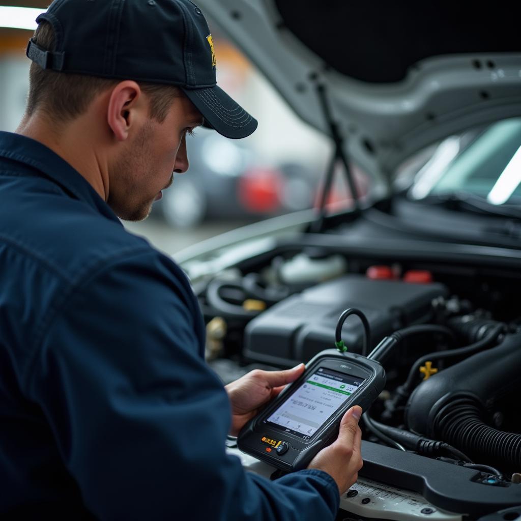 Mechanic using diagnostic tool in Pessac