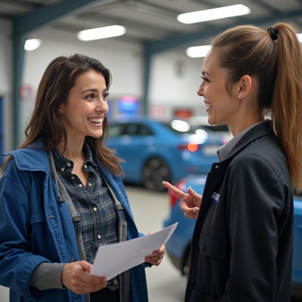 Customer discussing car issues with a service advisor