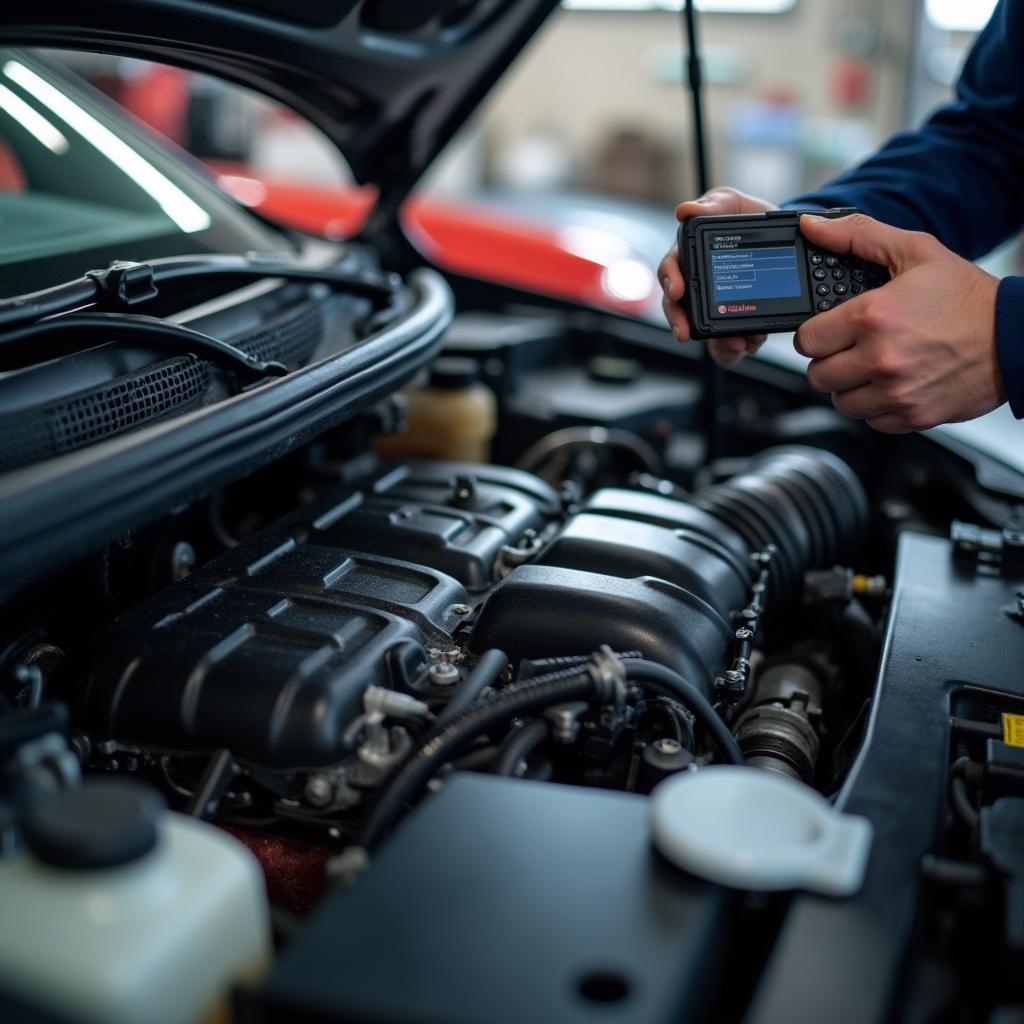 Car engine being inspected by a technician