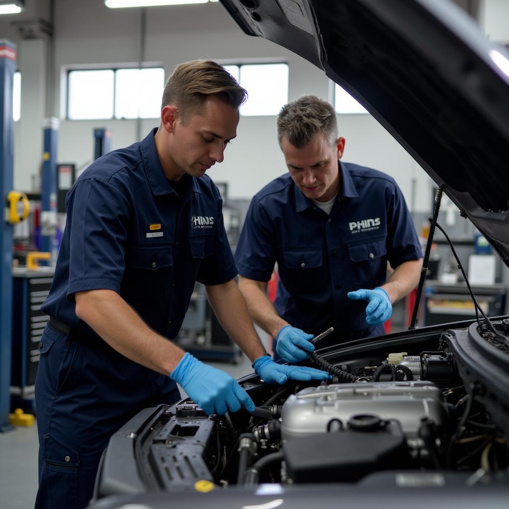 Skilled technicians working on a car engine