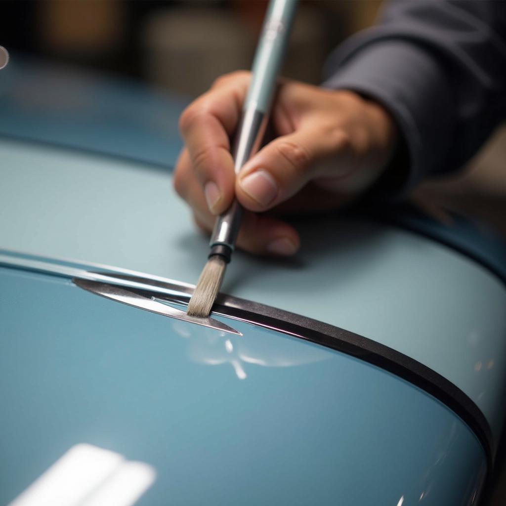 Skilled artist applying pinstripes to a car