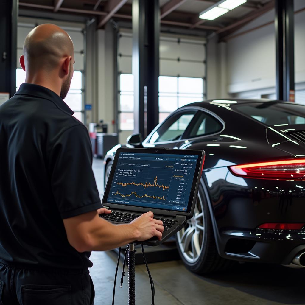 Mechanic using specialized diagnostic equipment on a Porsche 911