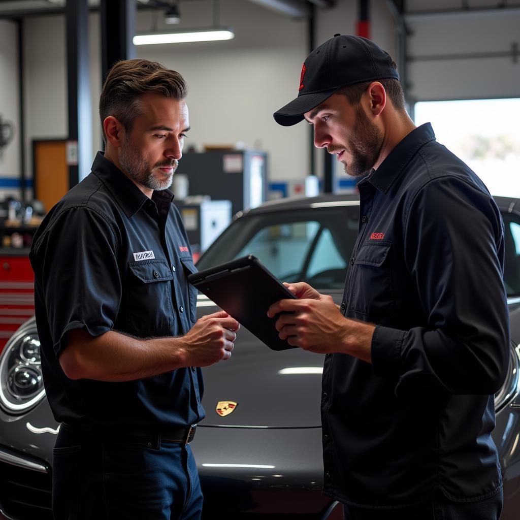 Mechanic consulting with a Porsche 911 owner