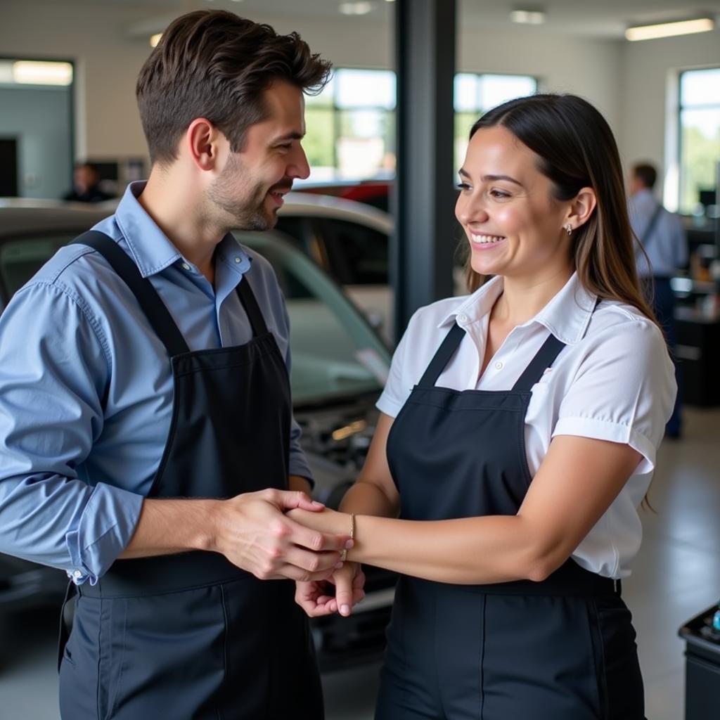 Customer interacting with a service advisor at an auto service center in Port Orange