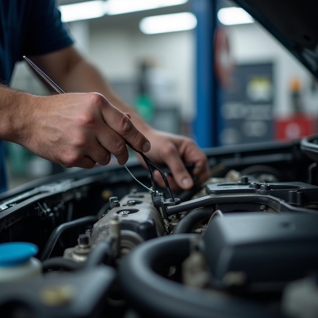 Mechanic inspecting a car engine in a Port St. Lucie auto repair shop