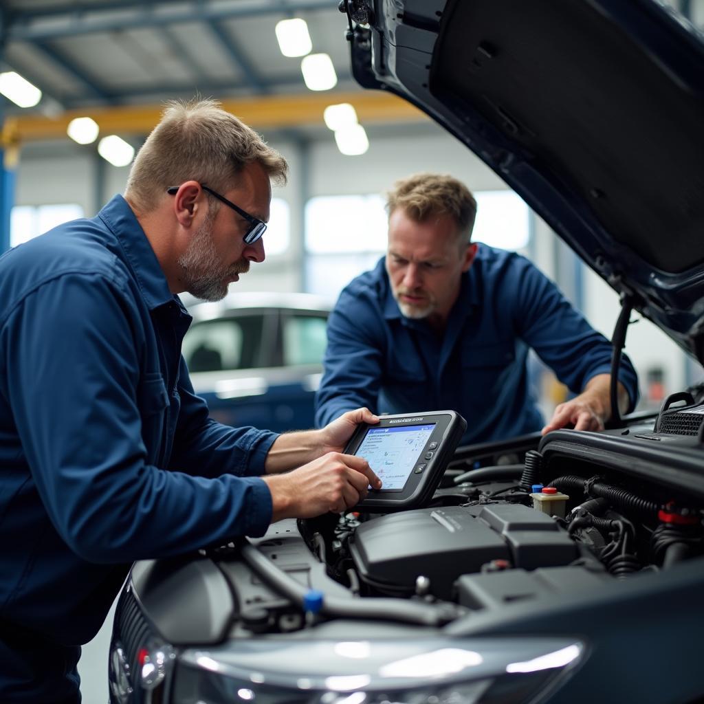 Certified Technicians Performing Car Diagnostics