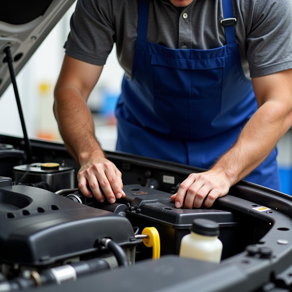 A mechanic performing preventative car maintenance