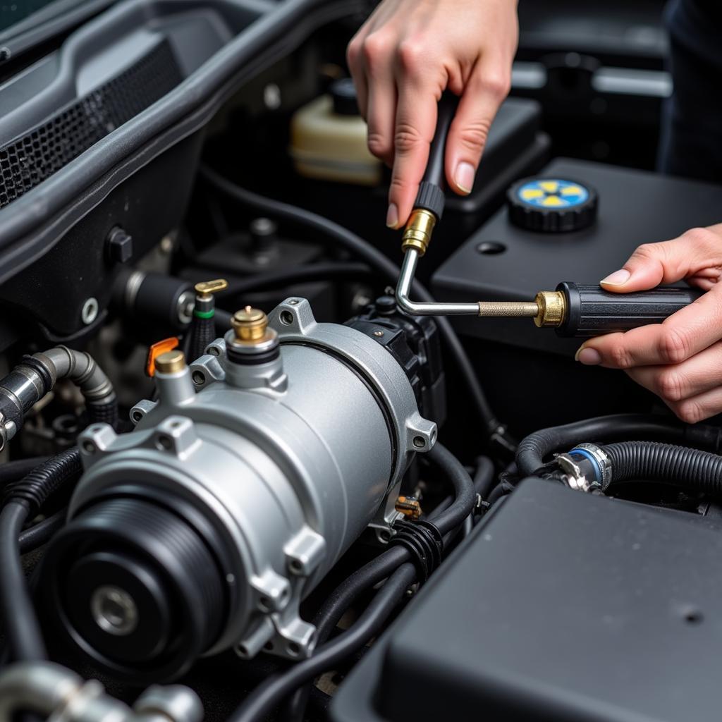 Pro auto air service technician inspecting a car AC system