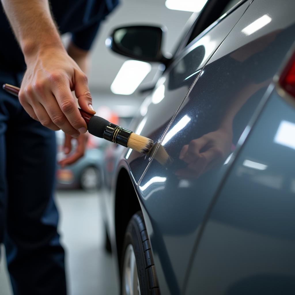 Professional Applying Touch-Up Paint to Car Scratch