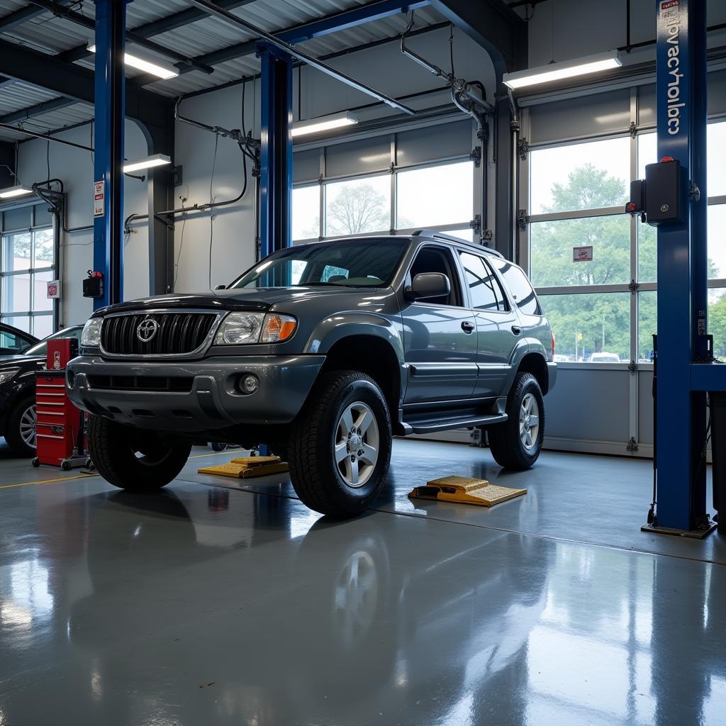 Professional Auto Service Center with Lifted Car