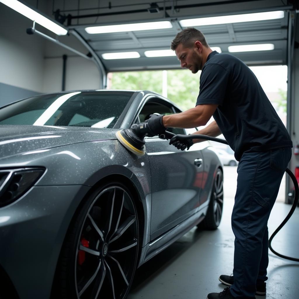 Car undergoing professional auto shine service