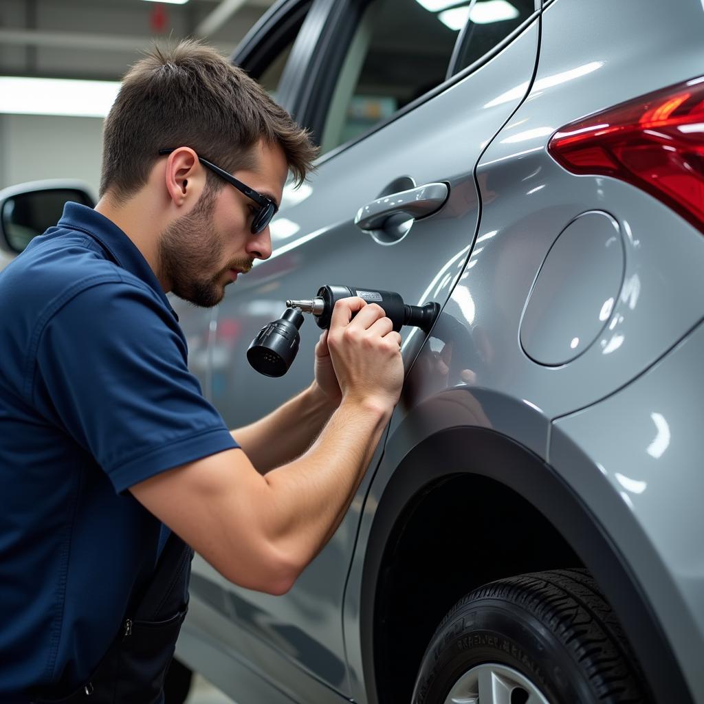 Professional dent repair technician working on car