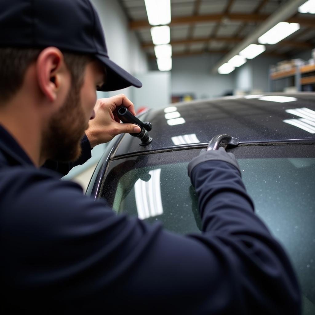 Professional PDR Technician Repairing Car Roof Dent