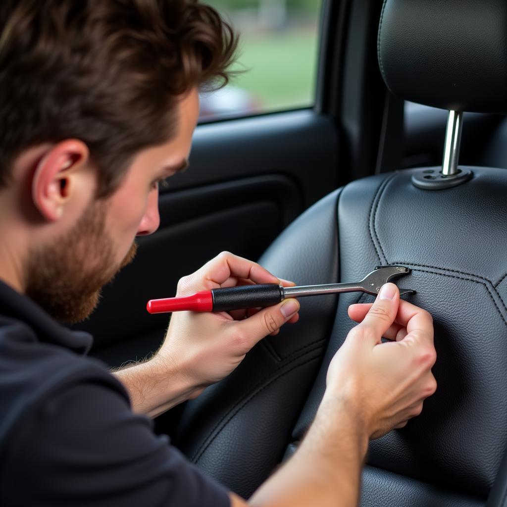 Professional repairing a tear in a leather car seat