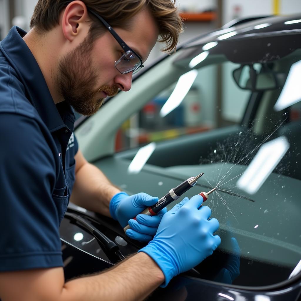 Professional Windshield Repair Technician at Work