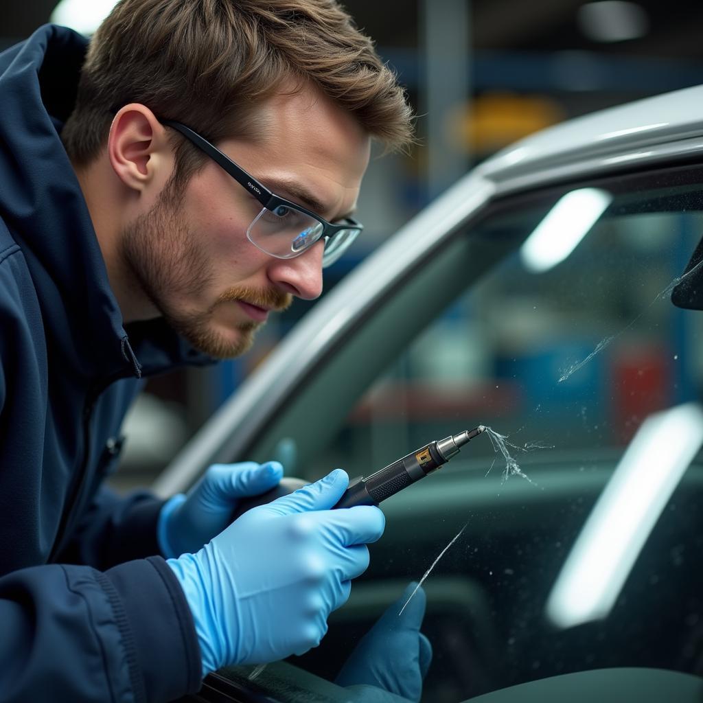 Professional Windshield Repair Technician at Work