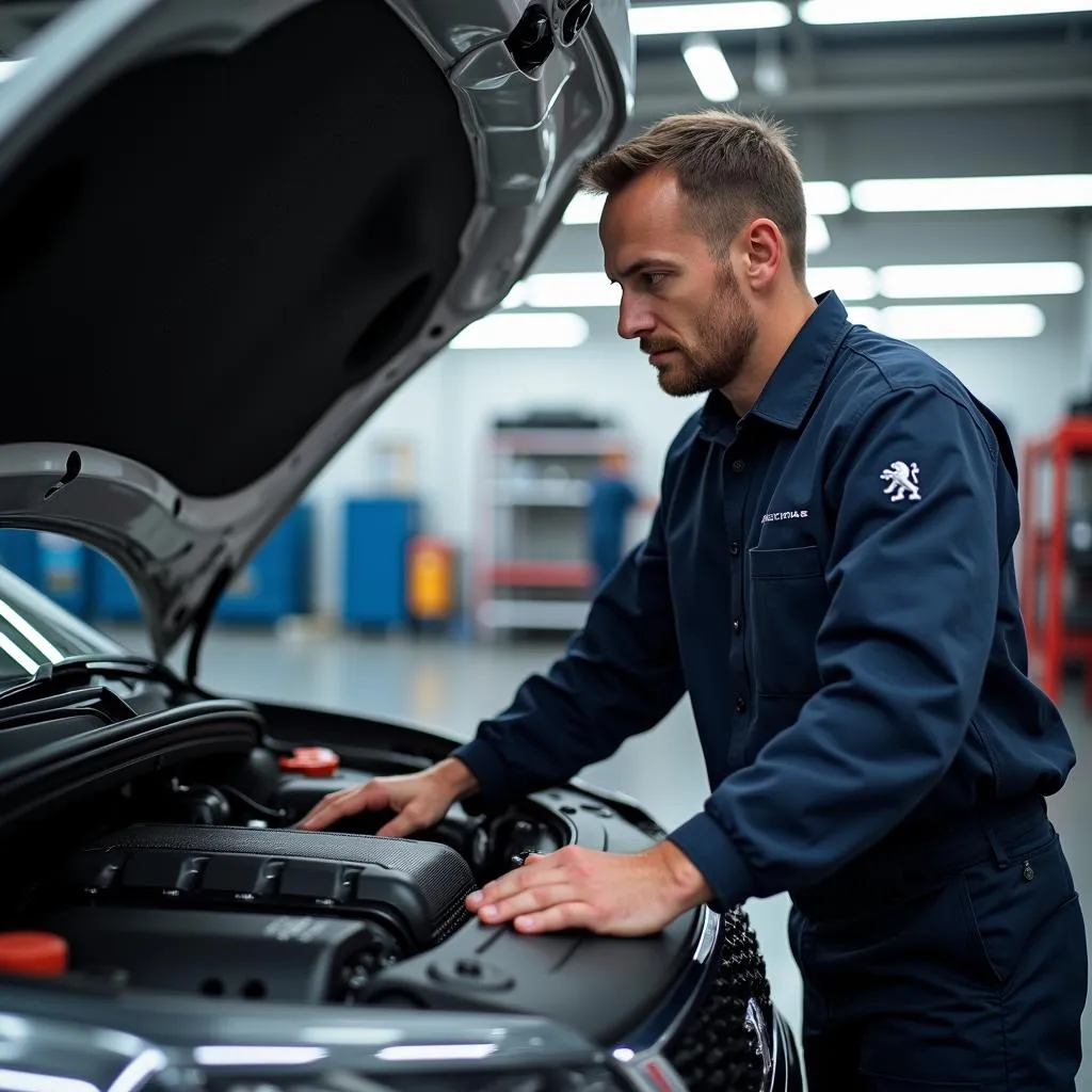 Peugeot technician performing a service