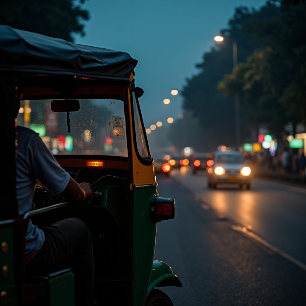 Auto rickshaw illuminated against the Pune cityscape at night