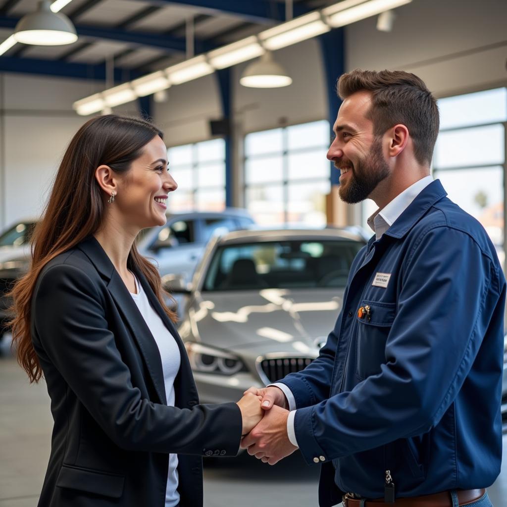 Satisfied customer receiving car keys from a friendly service advisor