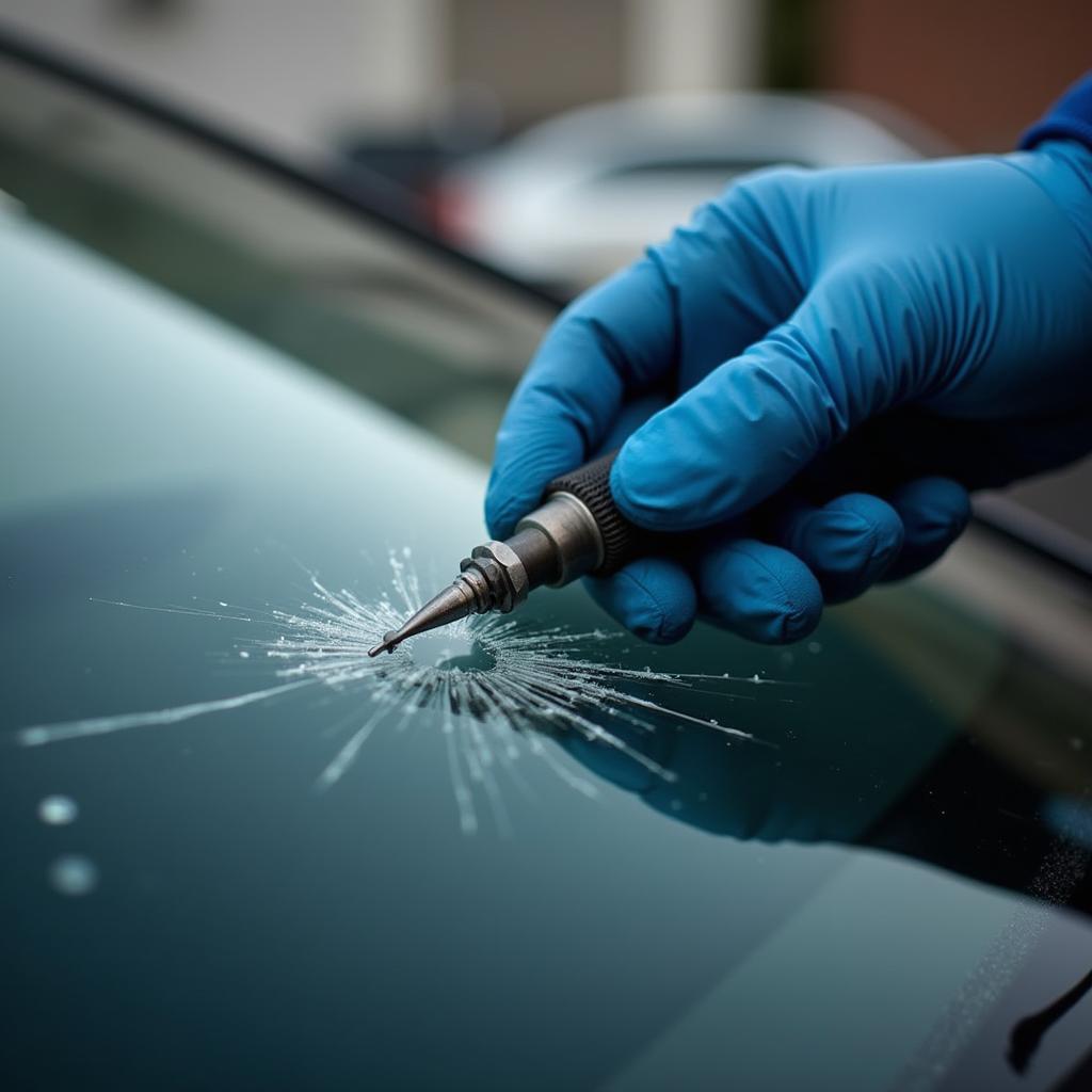 Close-up of a technician's hands meticulously repairing a windshield crack.