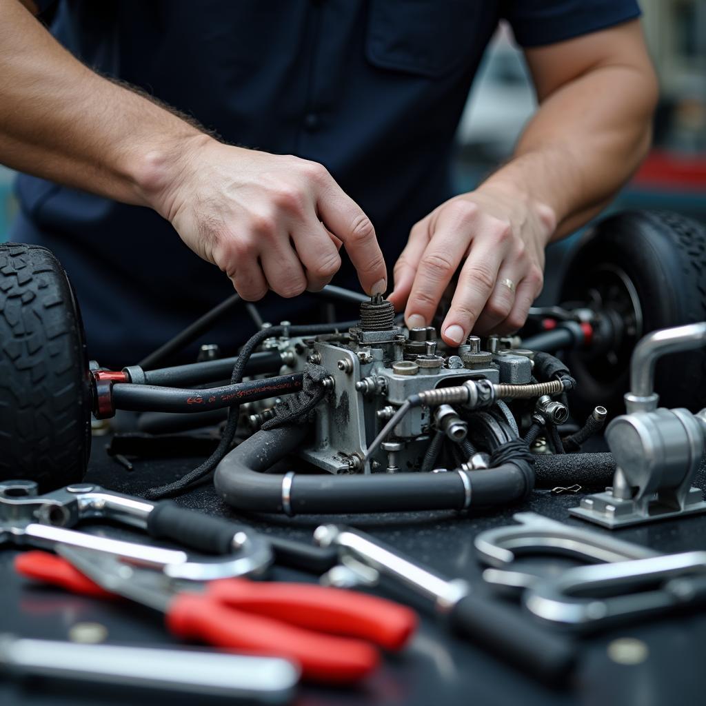 Race car undergoing engine inspection