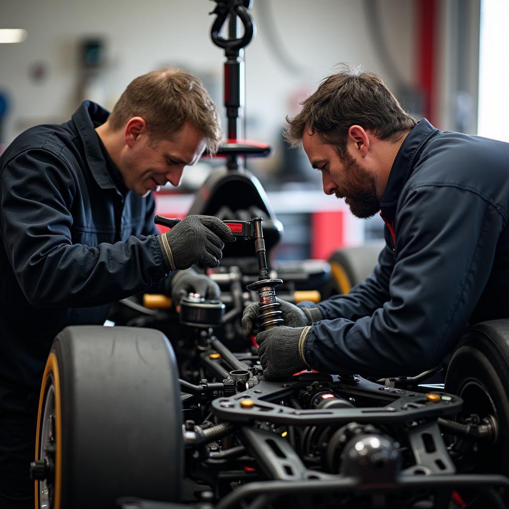 Race car undergoing suspension adjustment