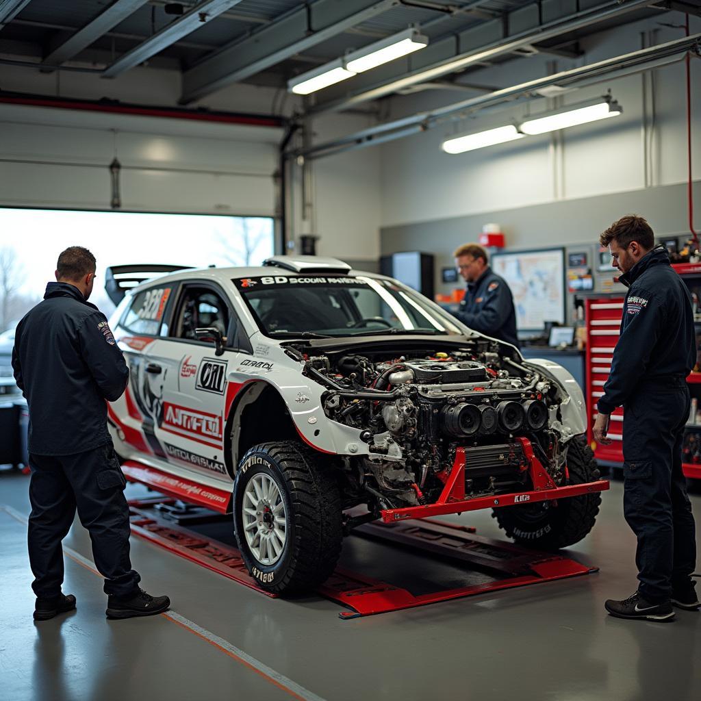 Rally car undergoing service in a dedicated bay