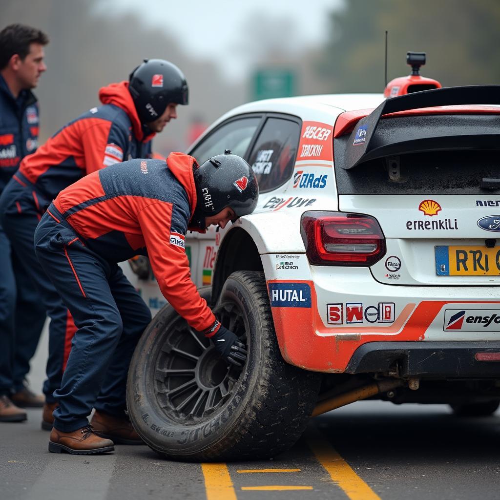 Rally team performing a rapid tire change during a race