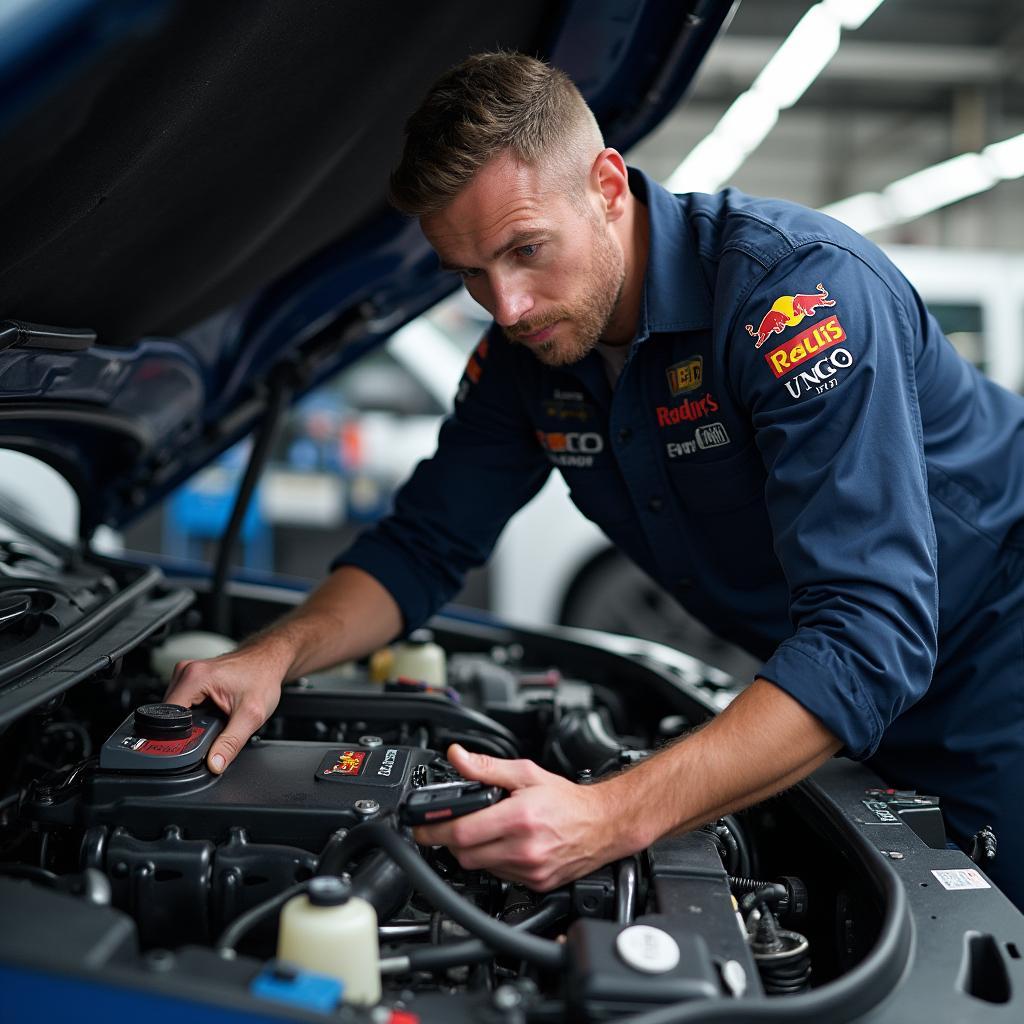 Rally mechanic conducting a detailed engine inspection