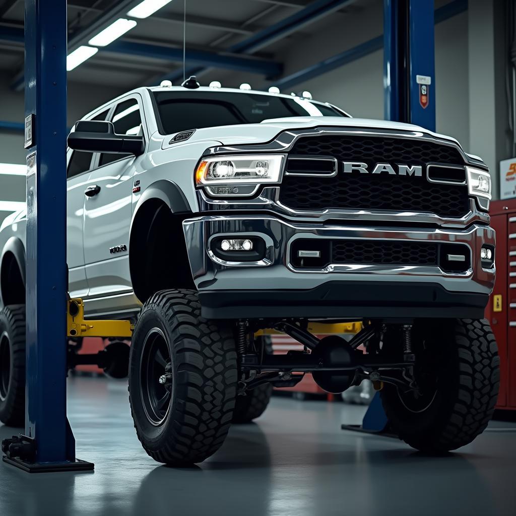 Ram 1500 truck being serviced on an auto lift