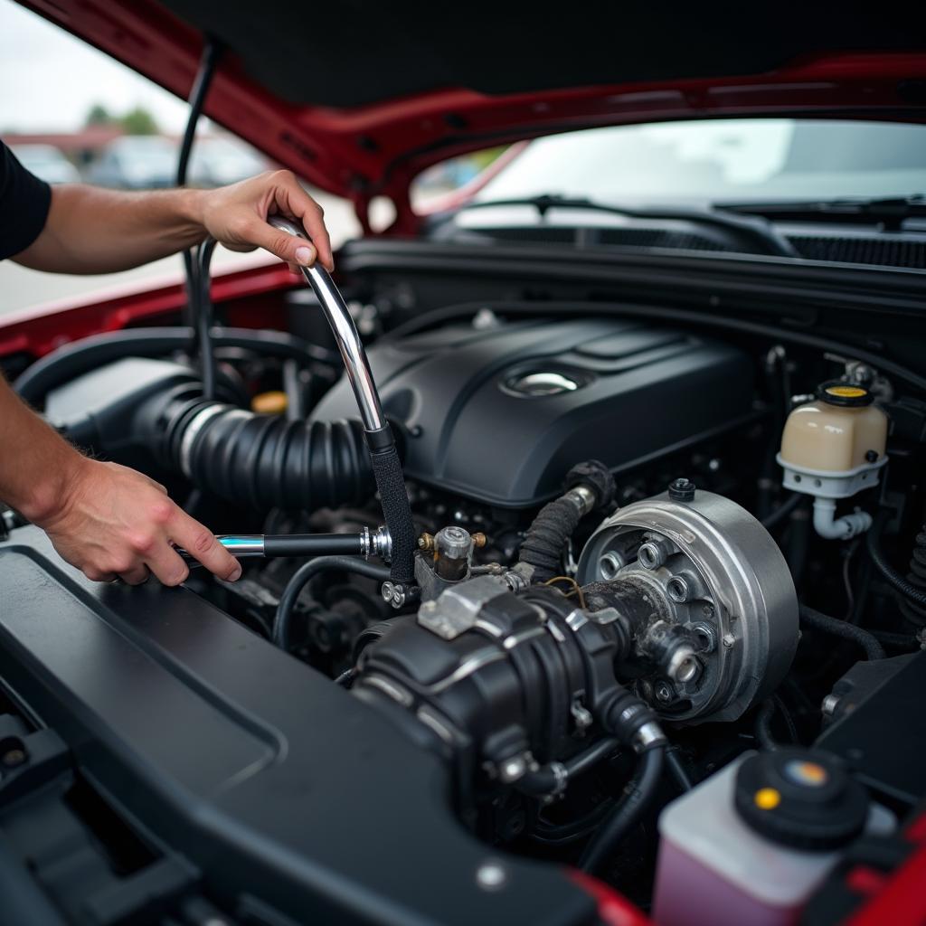 Mechanic inspecting the engine compartment of a Ram truck