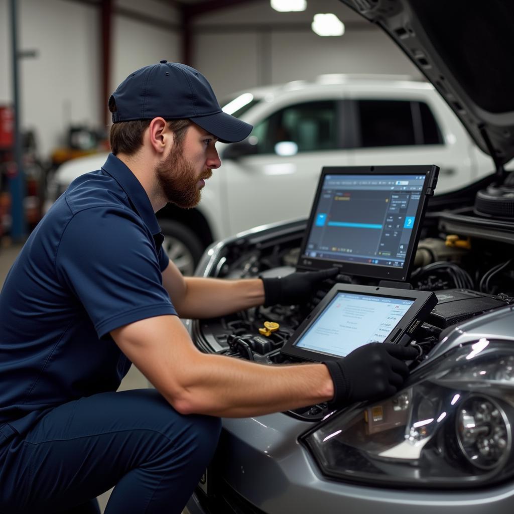 Skilled technician diagnosing a car problem at Ray's Auto Service Haverhill