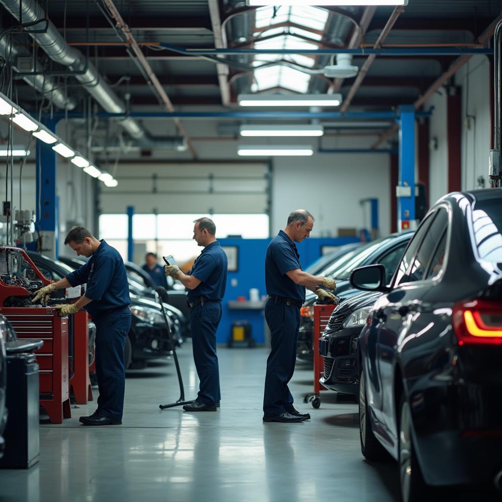 Modern auto service shop with mechanics working on vehicles