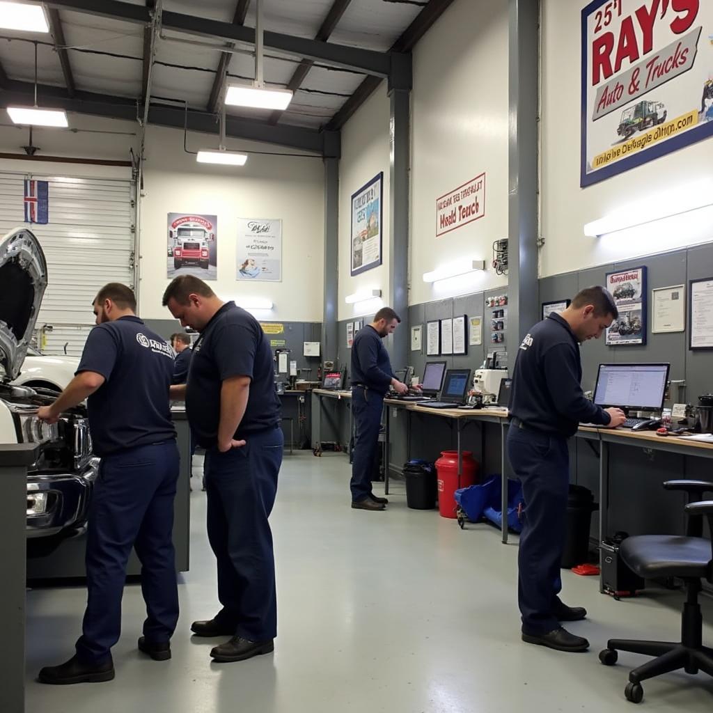 Modern auto repair shop with technicians working on vehicles