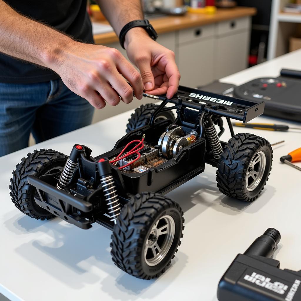 Initial inspection of a broken RC car 4x4