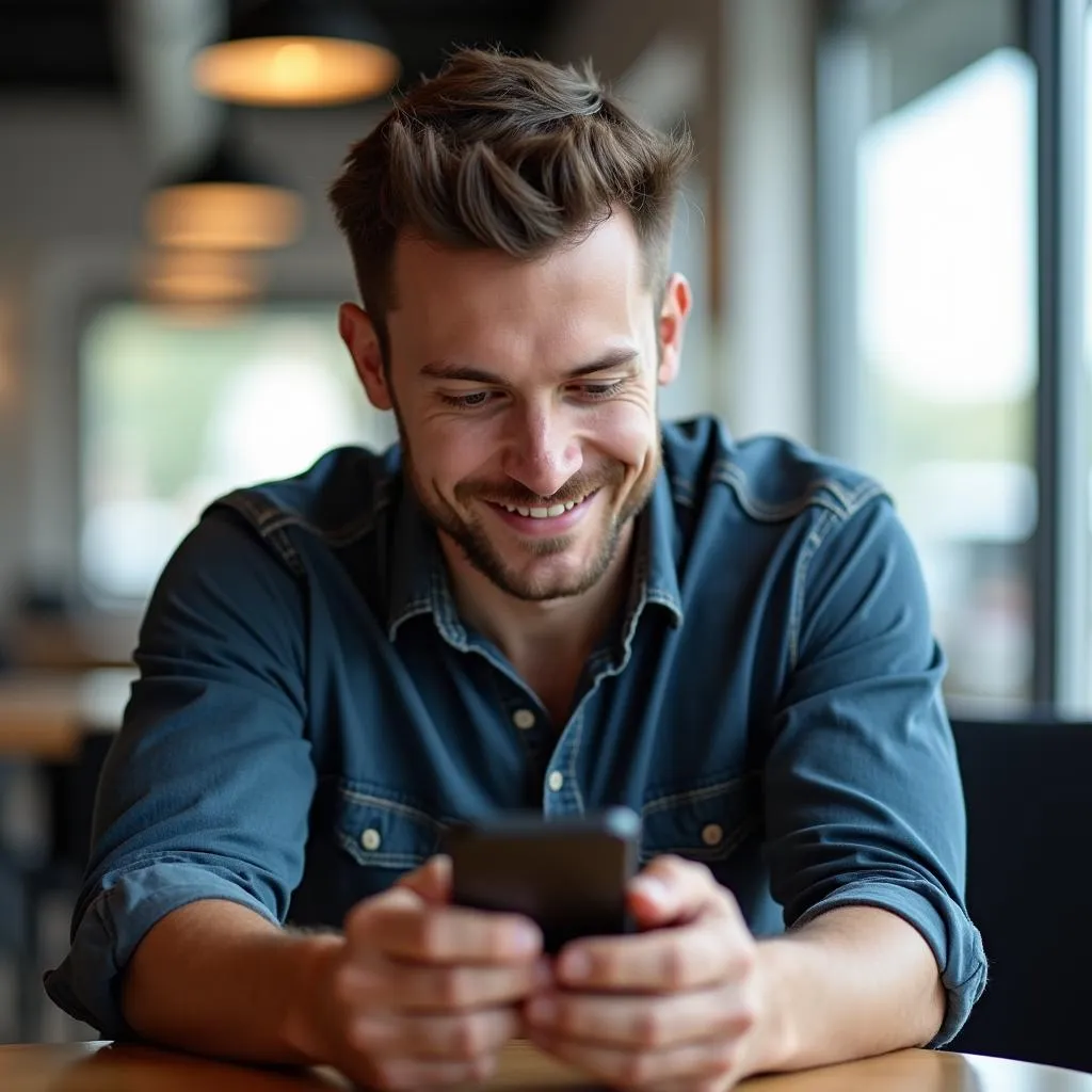 Customer Reading AM Auto Sales Reviews on Phone