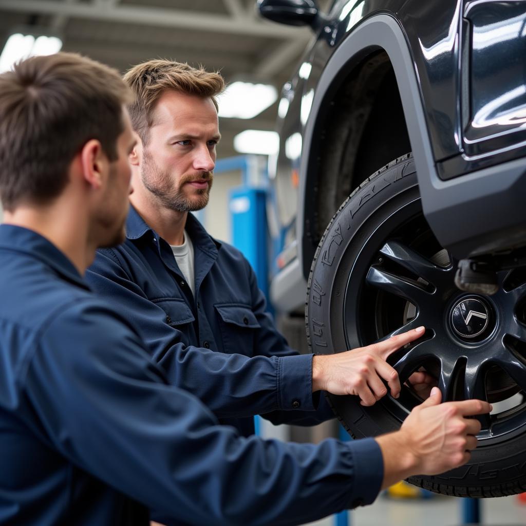 Mechanic explaining car repair timeframe to customer