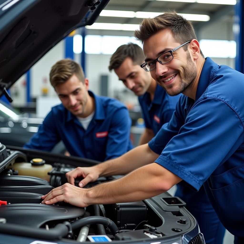 Certified Technicians Working on a Car Engine