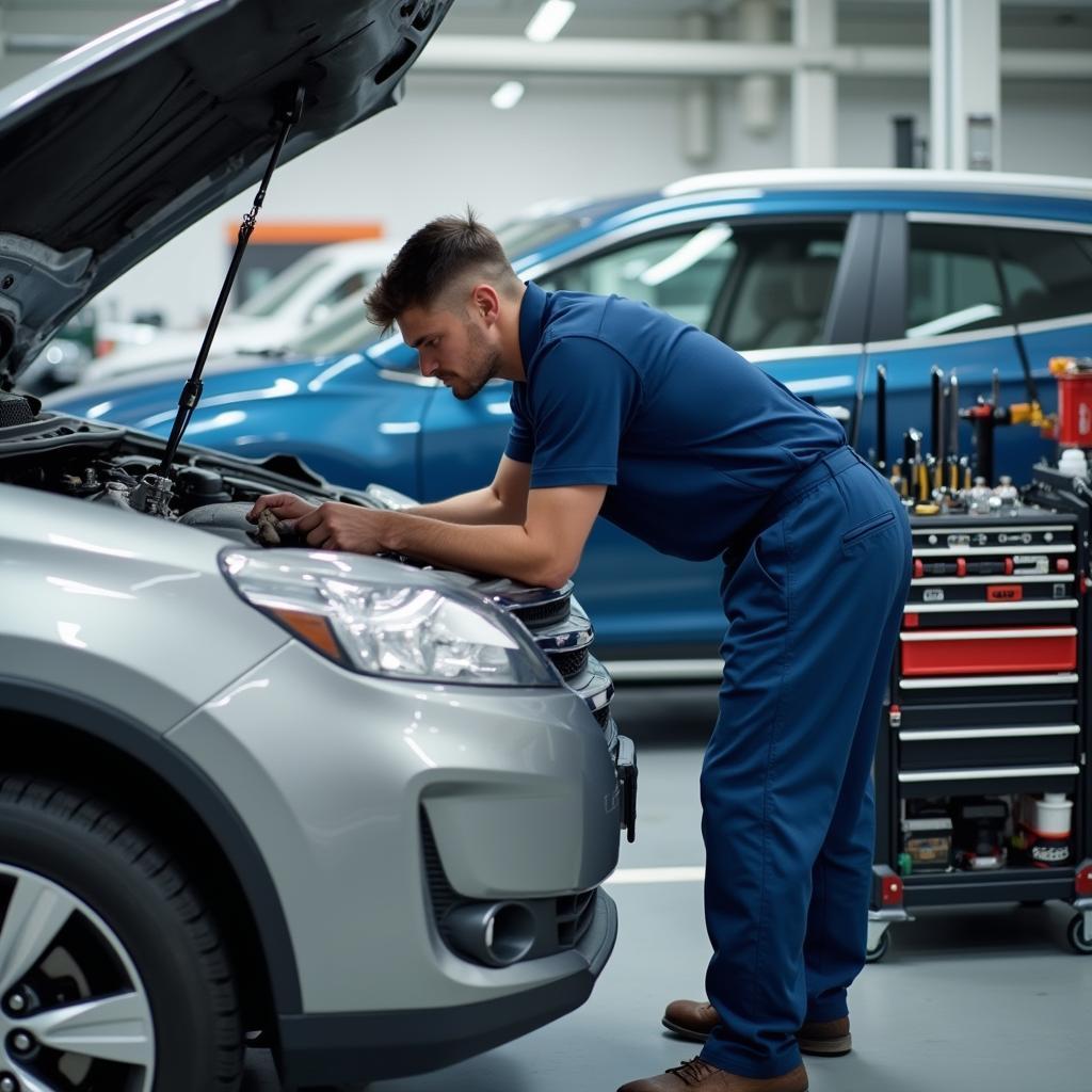 Mechanic inspecting a car engine