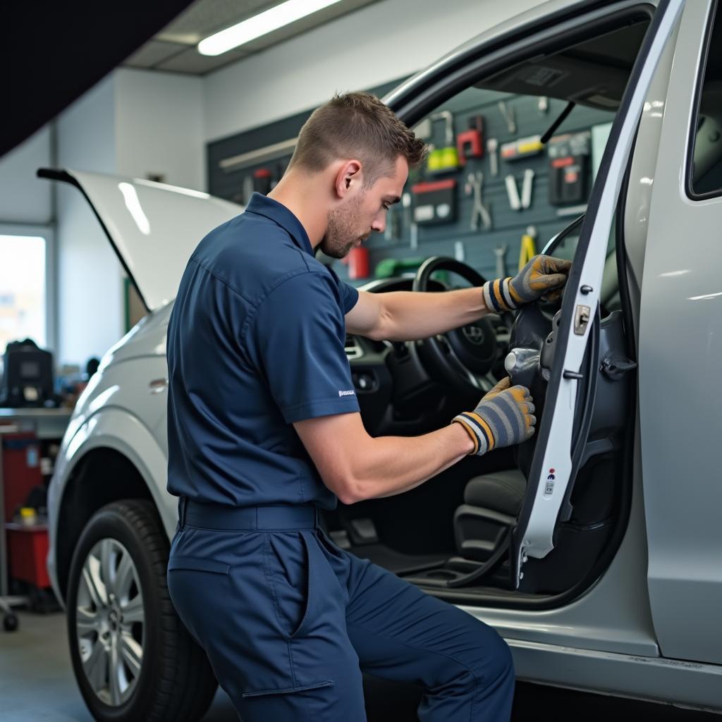 Car mechanic inspecting a vehicle in a professional auto service center in Nijmegen