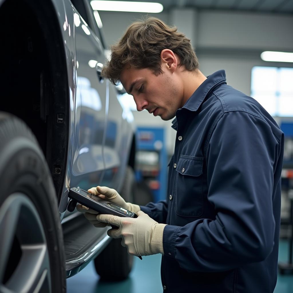 Experienced auto service technician inspecting a vehicle