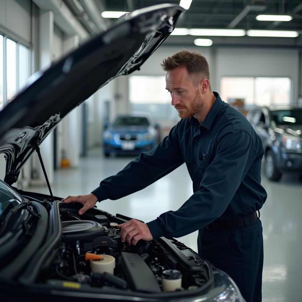 Car mechanic inspecting a vehicle in a Topeka auto service shop