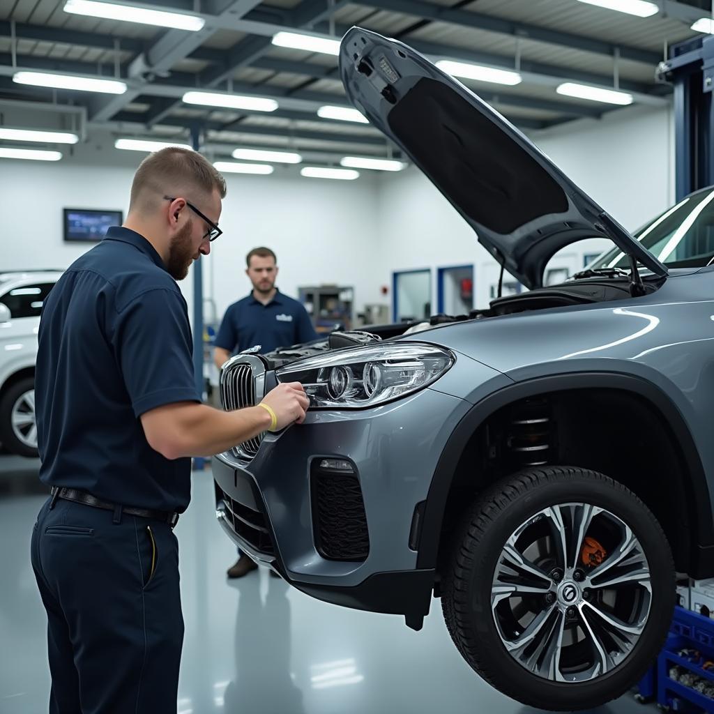 Mechanics working on a car in a well-equipped auto shop